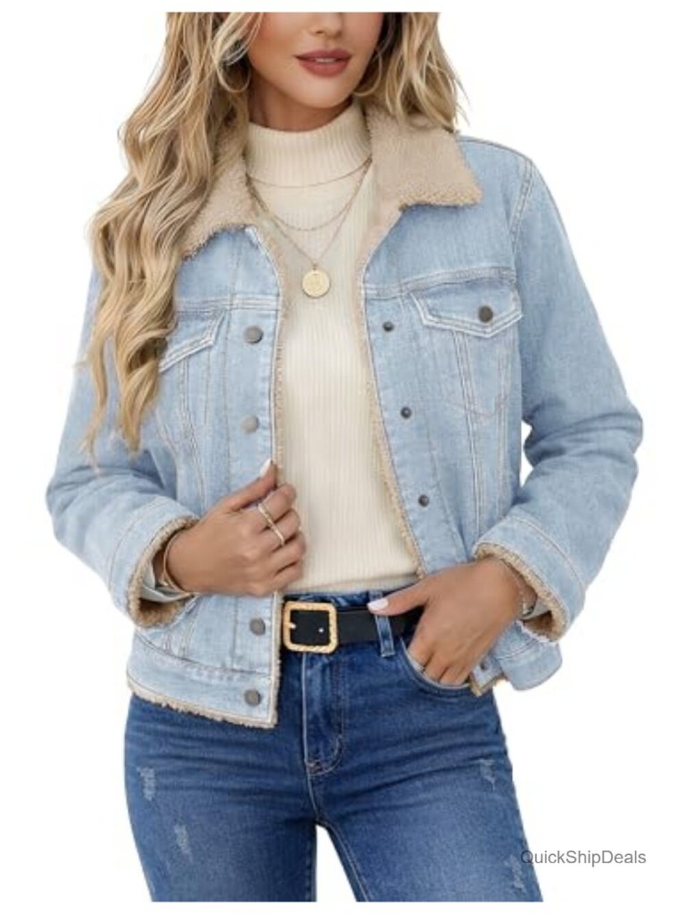 Women's Sherpa Lined Denim Jacket Fleece Jean Coat Fur Collared Button Down